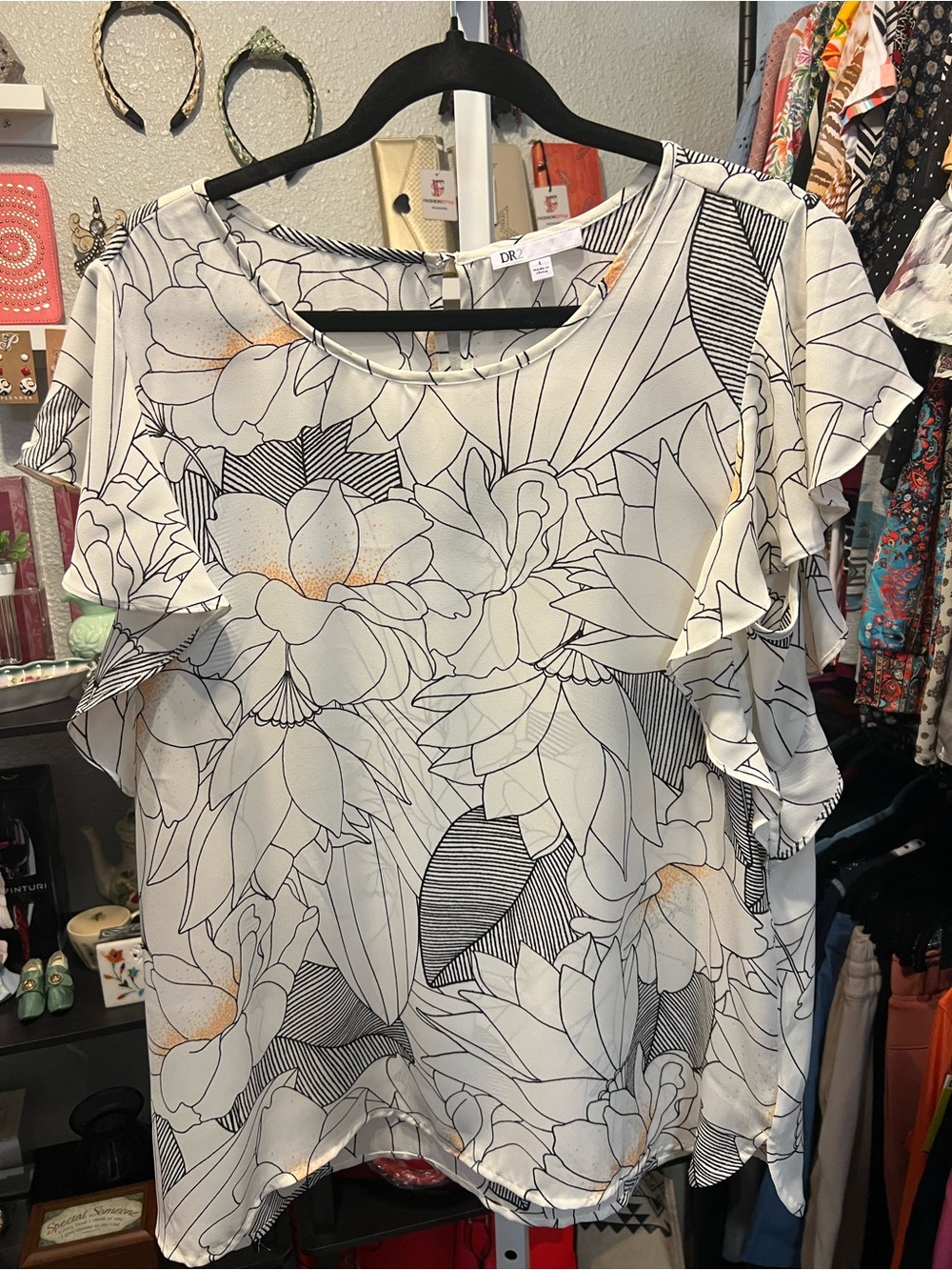 DR2 Cream Floral Ruffle Sleeve Blouse with Peach Accents